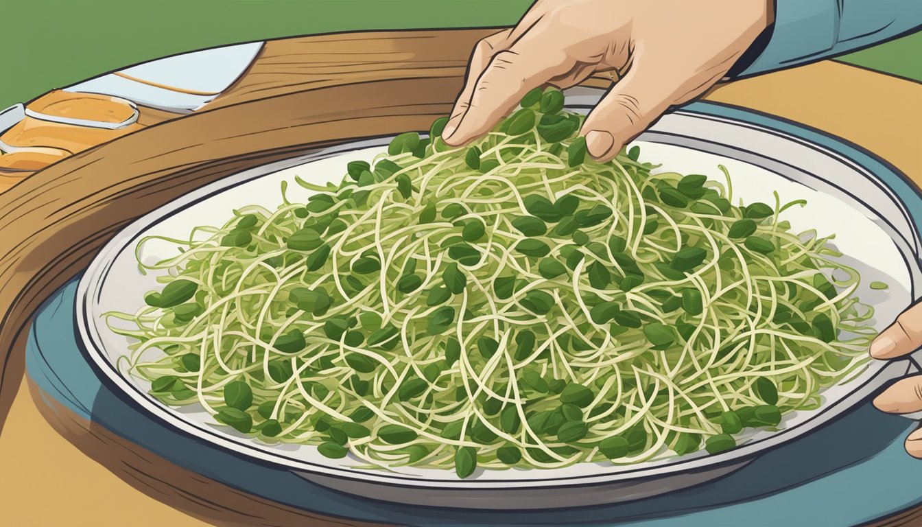 A chef reaching for a handful of fresh bean sprouts to substitute for alfalfa sprouts in a recipe