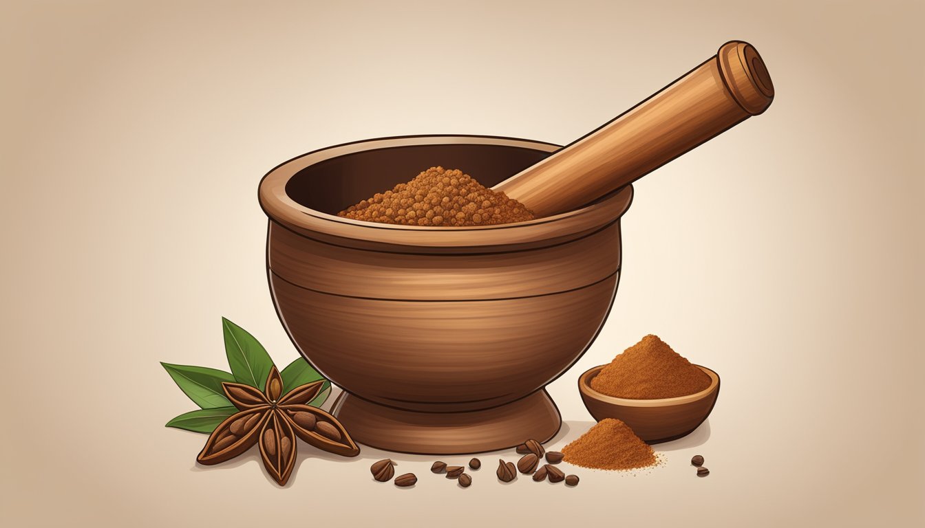 A mortar and pestle crushes a blend of cinnamon, nutmeg, and cloves, creating an allspice substitute