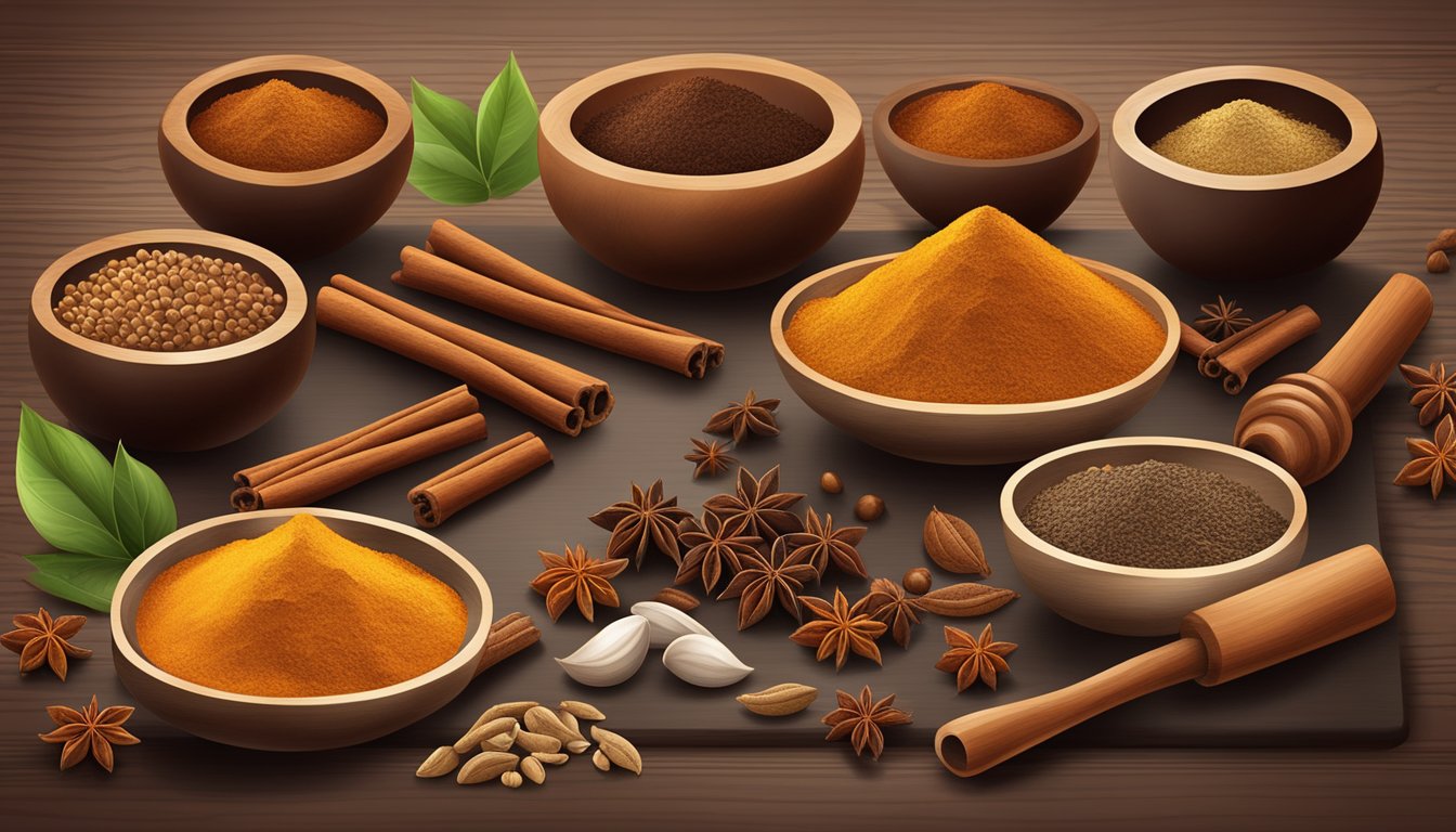 A variety of whole and ground spices arranged on a wooden cutting board, including cinnamon, cloves, and nutmeg, with a mortar and pestle nearby