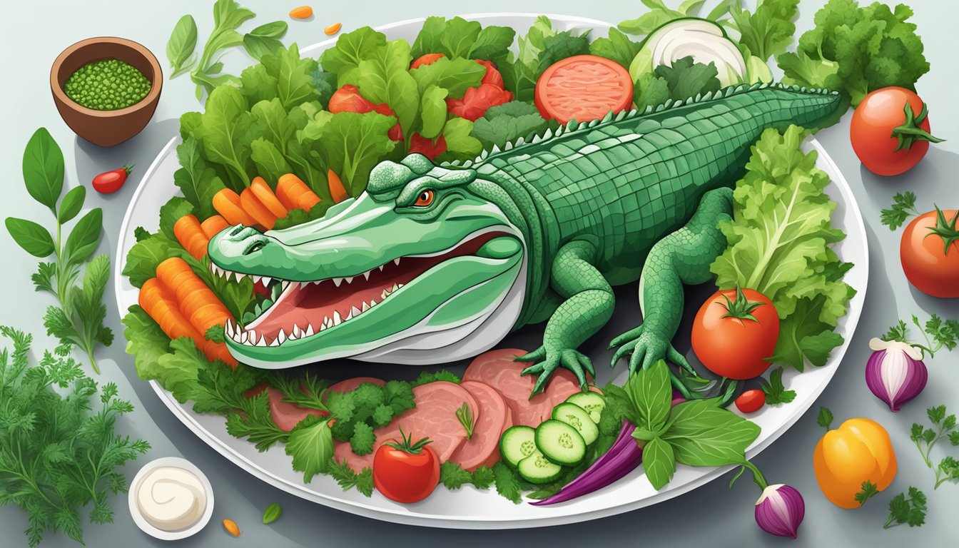 A plate with alligator-shaped plant-based meat substitutes surrounded by various vegetables and herbs