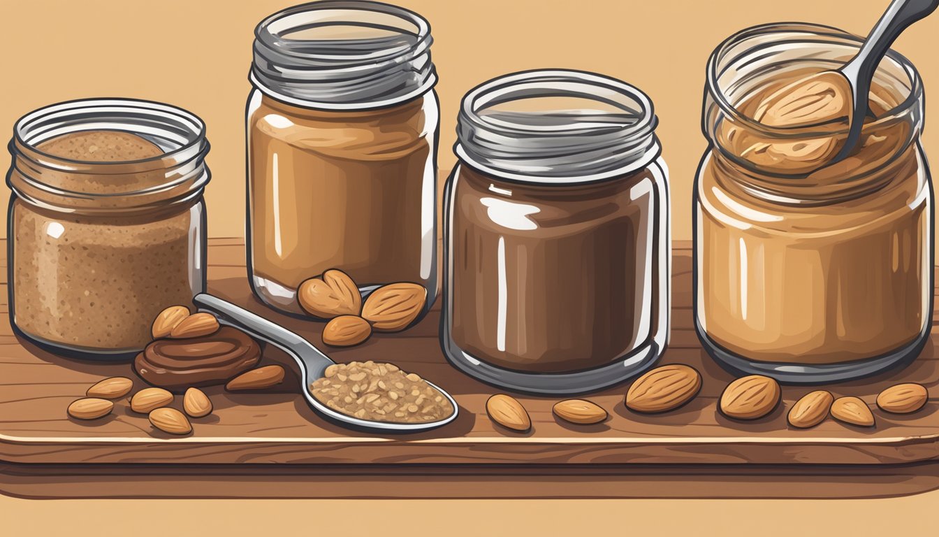 A jar of almond butter sits next to a spread of sunflower seed butter and cashew butter on a wooden cutting board. A knife is poised to scoop up a dollop of each