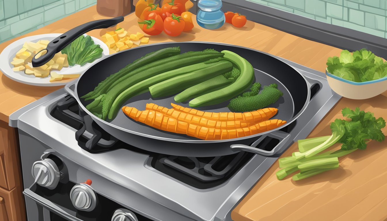 An alligator-shaped cutting board with vegetables and faux alligator meat cooking in a skillet on a stove