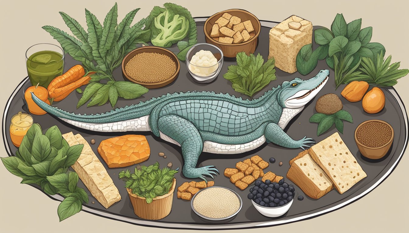 An alligator-shaped platter surrounded by various plant-based protein sources like tofu, tempeh, and seitan, with a sign reading "Alternative Protein Sources" above