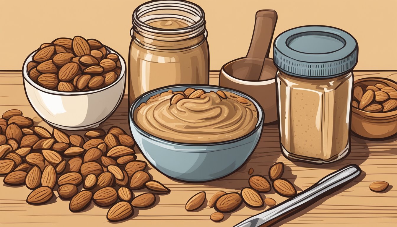 A jar of almond butter sits next to a bowl of assorted nuts, a bottle of tahini, and a pile of roasted sunflower seeds on a wooden kitchen counter