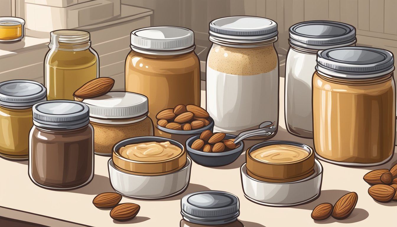 A jar of almond butter sits next to a variety of alternative nut butters on a kitchen counter, surrounded by containers of nuts and jars of honey and coconut oil