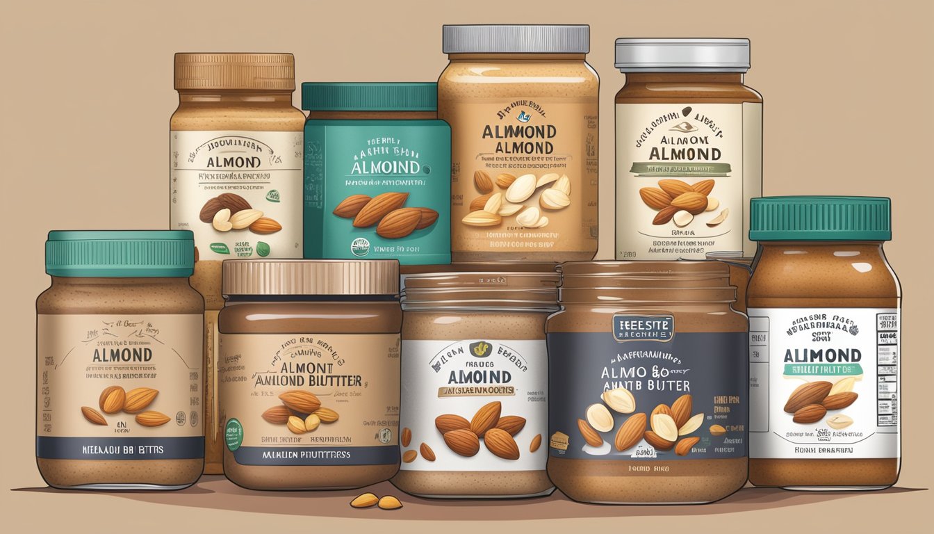 A jar of almond butter surrounded by various alternative nut butters and spreads, with a focus on their labels displaying health benefits and nutritional information