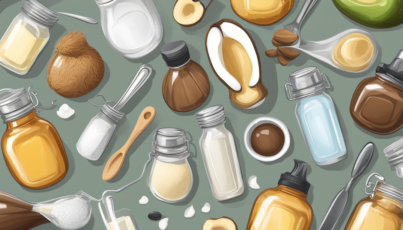 A variety of ingredients such as vanilla, maple, or coconut extract bottles and measuring spoons arranged on a kitchen countertop