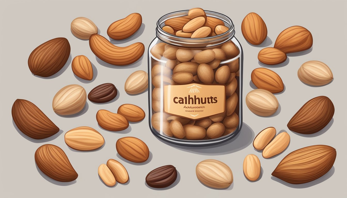 A variety of nuts (cashews, peanuts, hazelnuts) arranged in a circle, with a jar of almond butter in the center