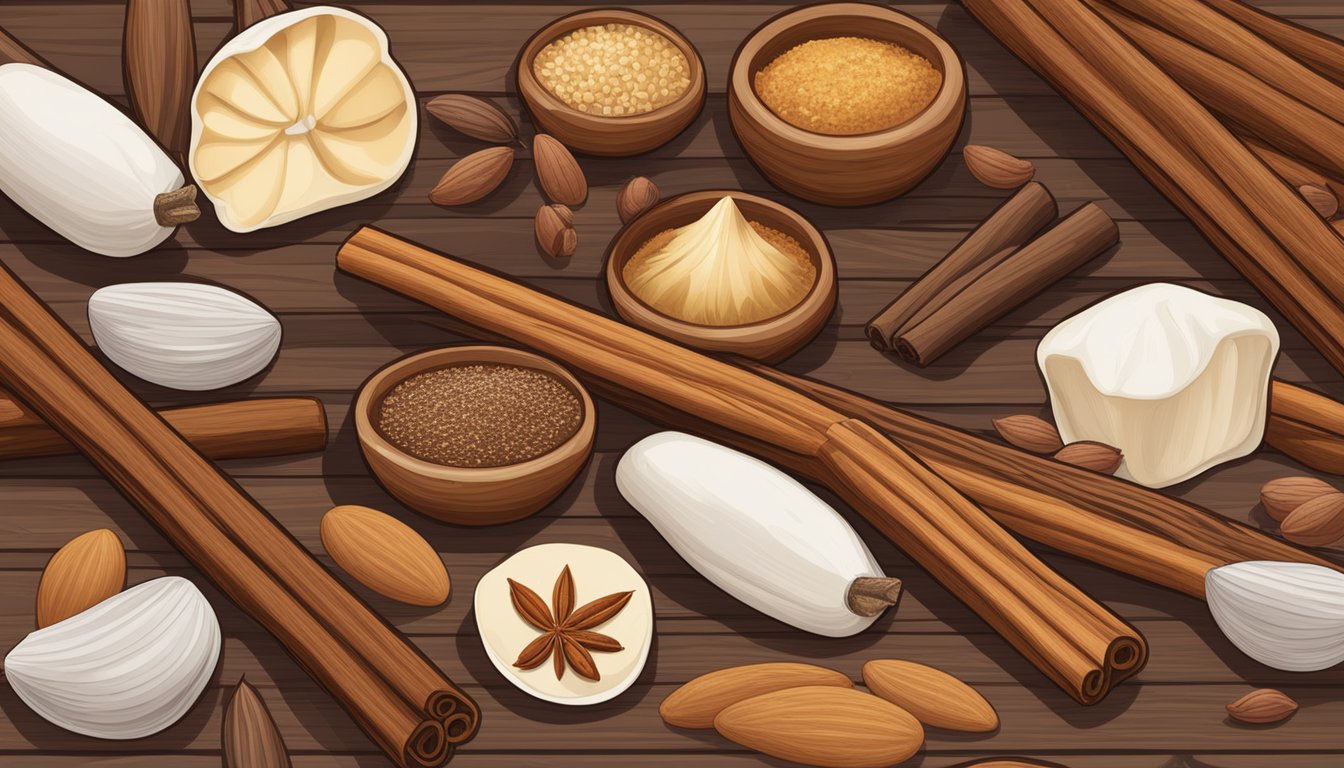 A variety of ingredients such as vanilla beans, cinnamon sticks, and almond shells are displayed on a wooden table. Each item is labeled with its name and texture