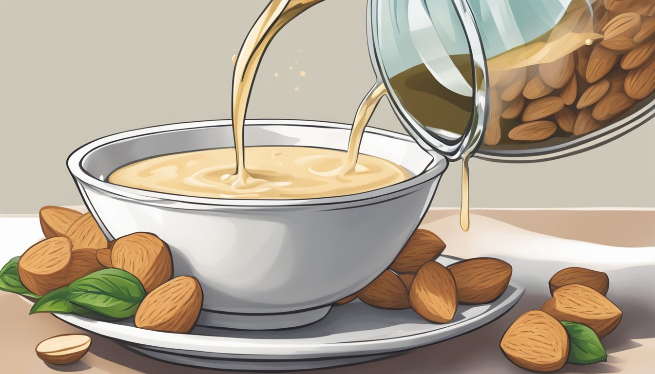 A bowl of creamy almond tofu-based alternatives being poured into a glass