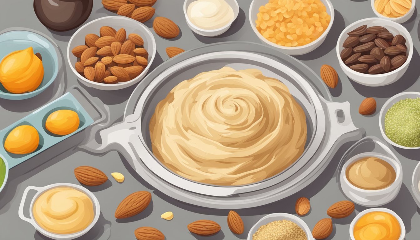 A baker carefully measures and mixes alternative ingredients for almond paste, surrounded by various nuts, fruits, and flavorings