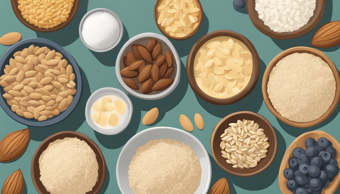 A table with various bowls of almond flour substitutes (coconut flour, tapioca flour, and oat flour) surrounded by fresh almonds, coconuts, tapioca roots, and oats