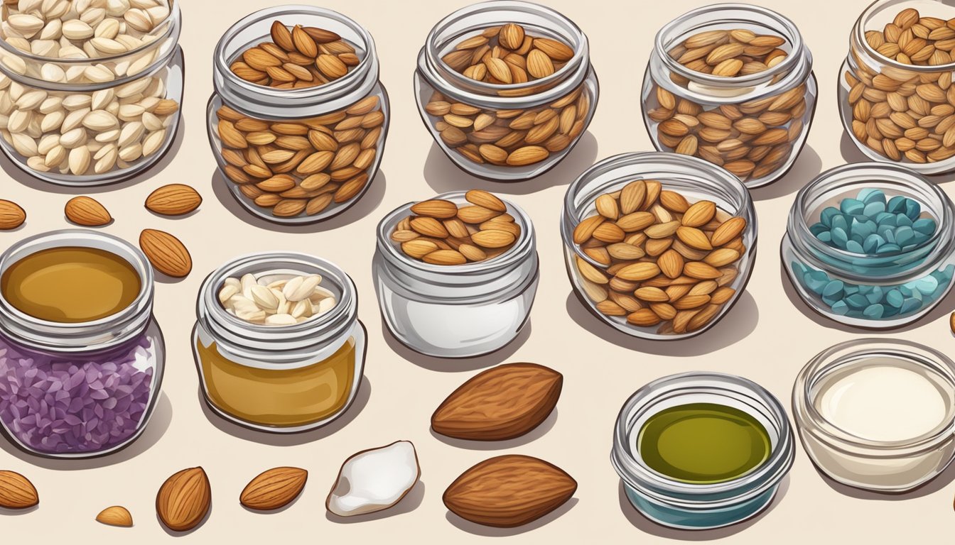 A table with various jars and bowls of almond paste and filling substitutes, surrounded by scattered almonds and almond shells