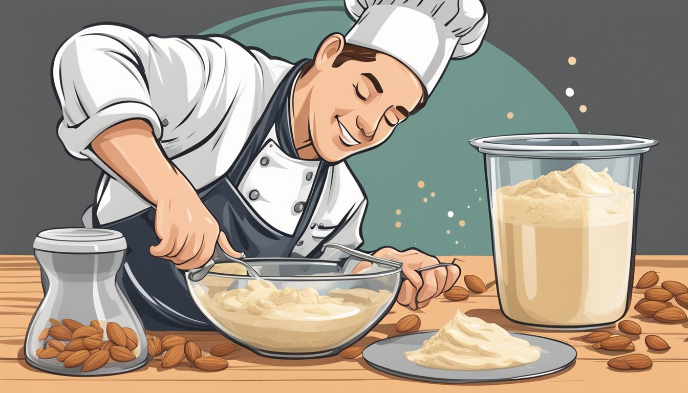 A chef adds a dollop of almond paste substitute to a mixing bowl of ingredients, enhancing the flavor of a dessert recipe