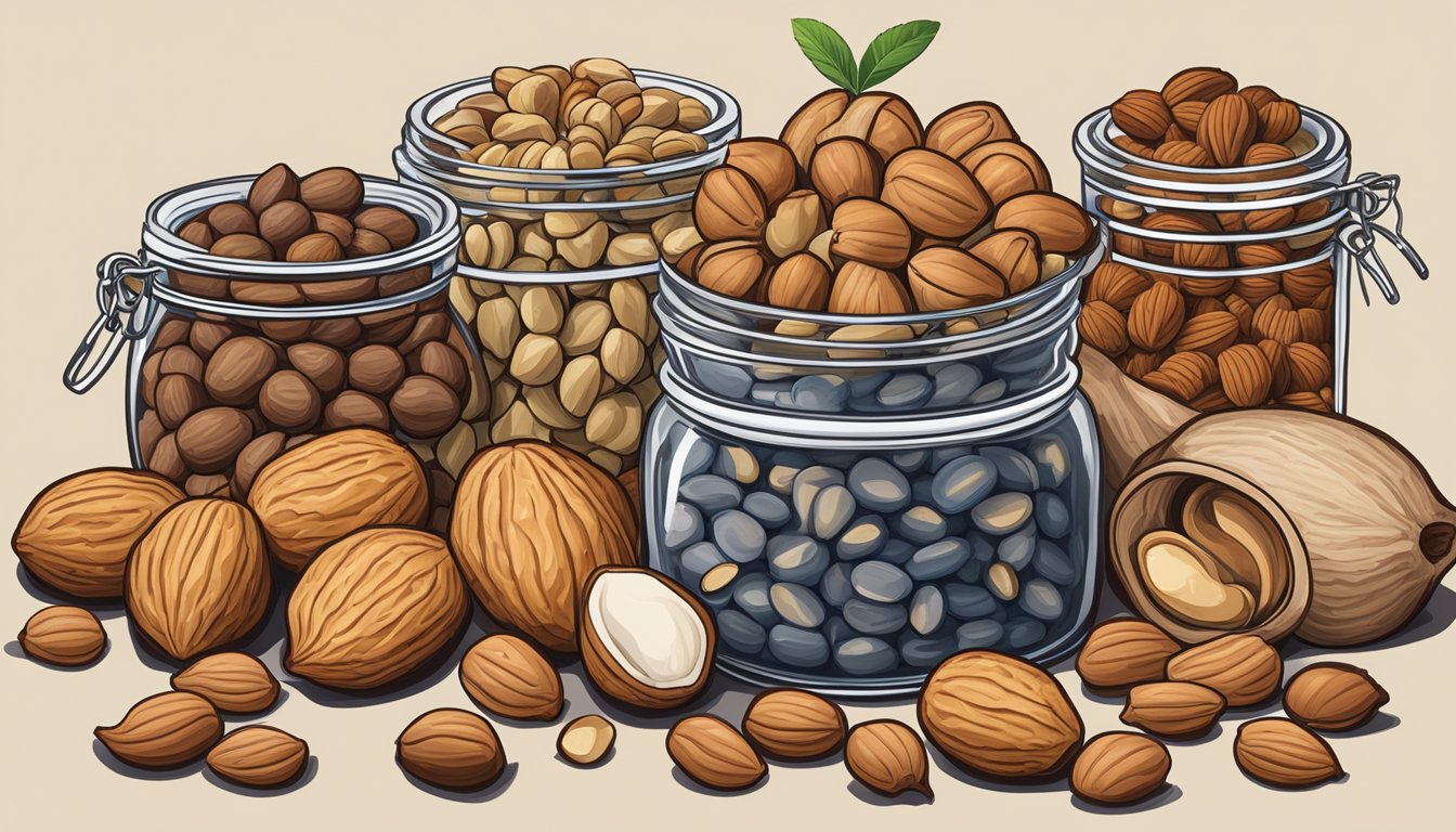 A variety of nuts (walnuts, cashews, hazelnuts) arranged around a jar of almond paste