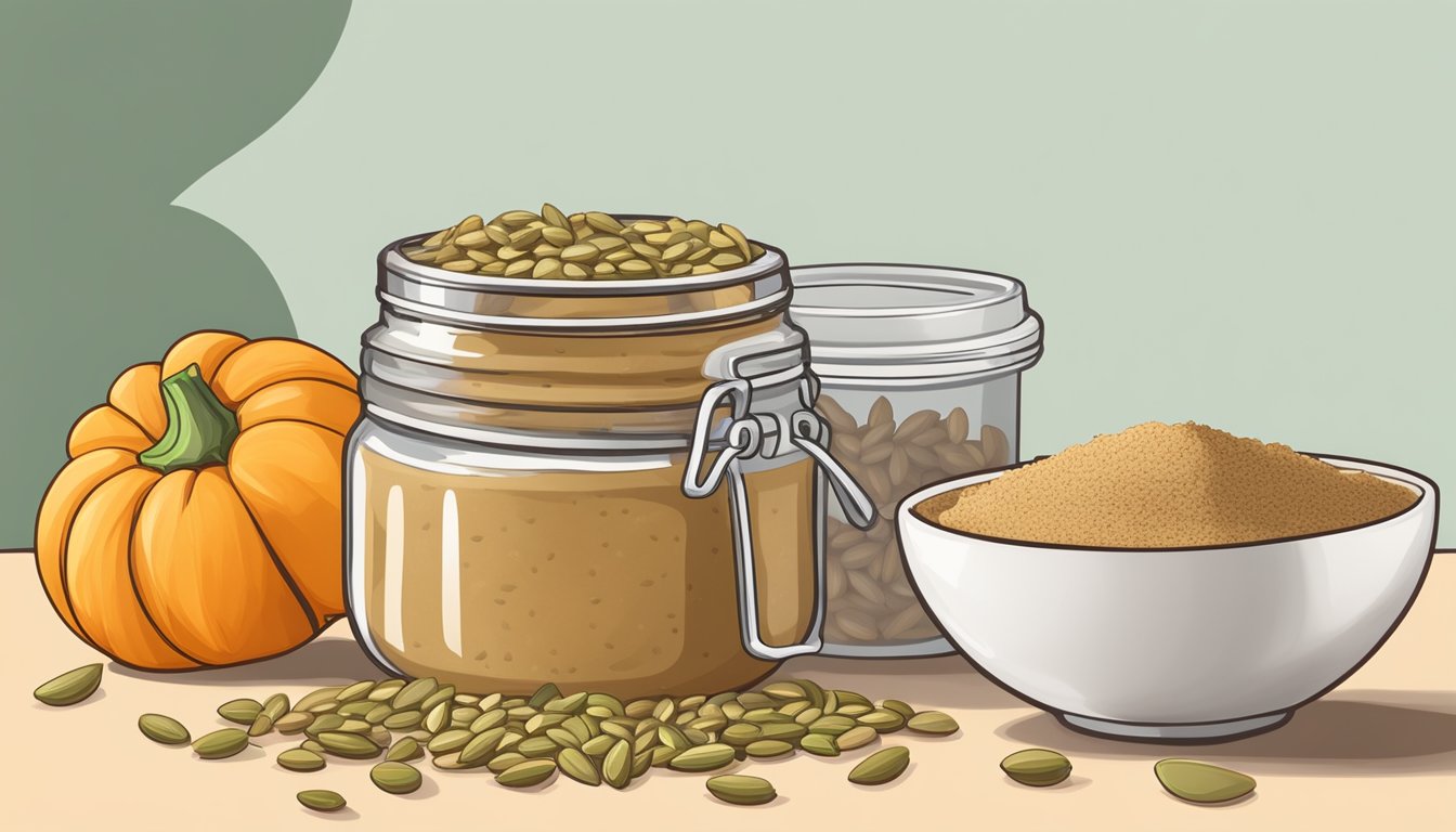 A jar of sunflower seed butter next to a bowl of ground pumpkin seeds, surrounded by whole almonds and a bag of coconut flour