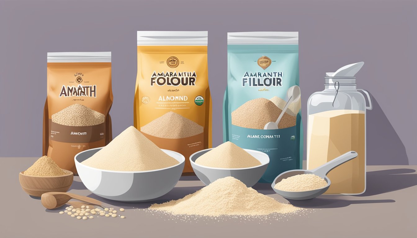 A bag of amaranth flour sits next to various alternative flours like almond, coconut, and tapioca, with a mixing bowl and measuring spoons nearby