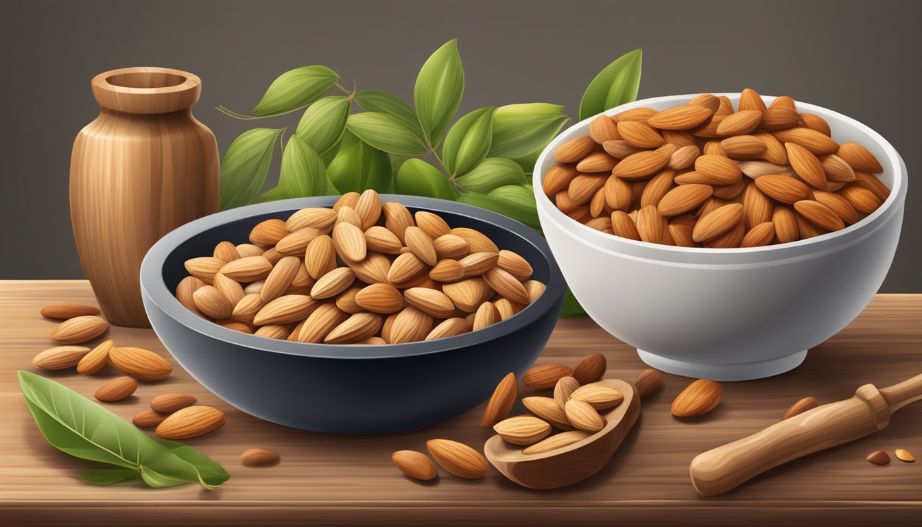 A bowl of almonds and a variety of legumes arranged on a wooden cutting board, with a mortar and pestle nearby