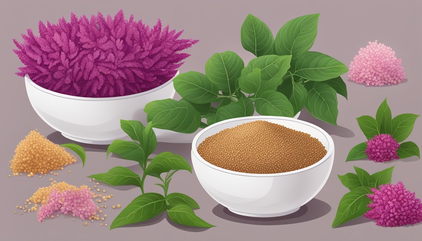 Amaranth seeds, popped amaranth, and amaranth flakes in various bowls and containers, surrounded by fresh amaranth leaves and flowers