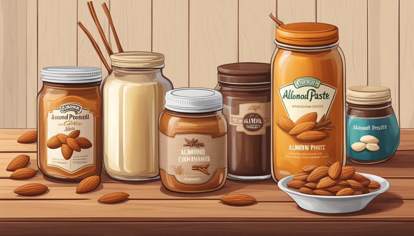 A jar of almond paste sits next to various alternative flavorings like vanilla, orange extract, and cinnamon sticks on a wooden table