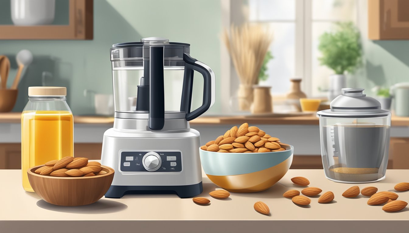 A bowl of almonds, a jar of honey, and a food processor on a kitchen counter