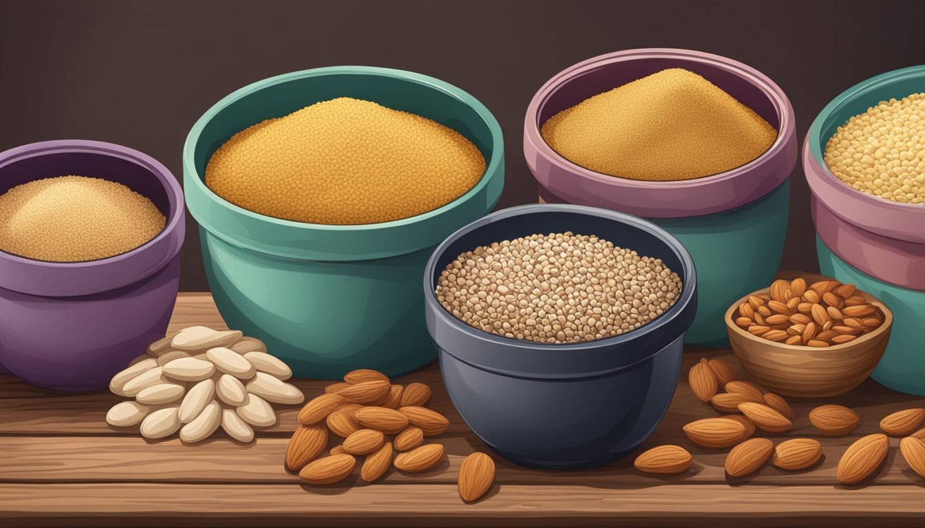 A variety of grain and legume flours, including almond substitutes, arranged in colorful containers on a rustic wooden table