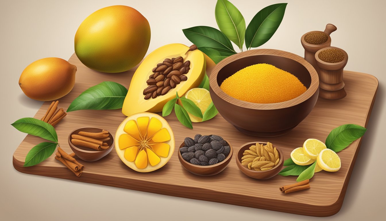 A variety of dried fruits and spices arranged on a wooden cutting board, including mango, lemon, and tamarind, with a mortar and pestle nearby