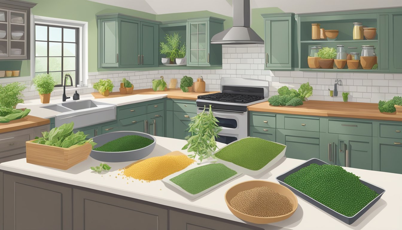 Amaranth greens and gluten-free alternatives displayed on a kitchen counter