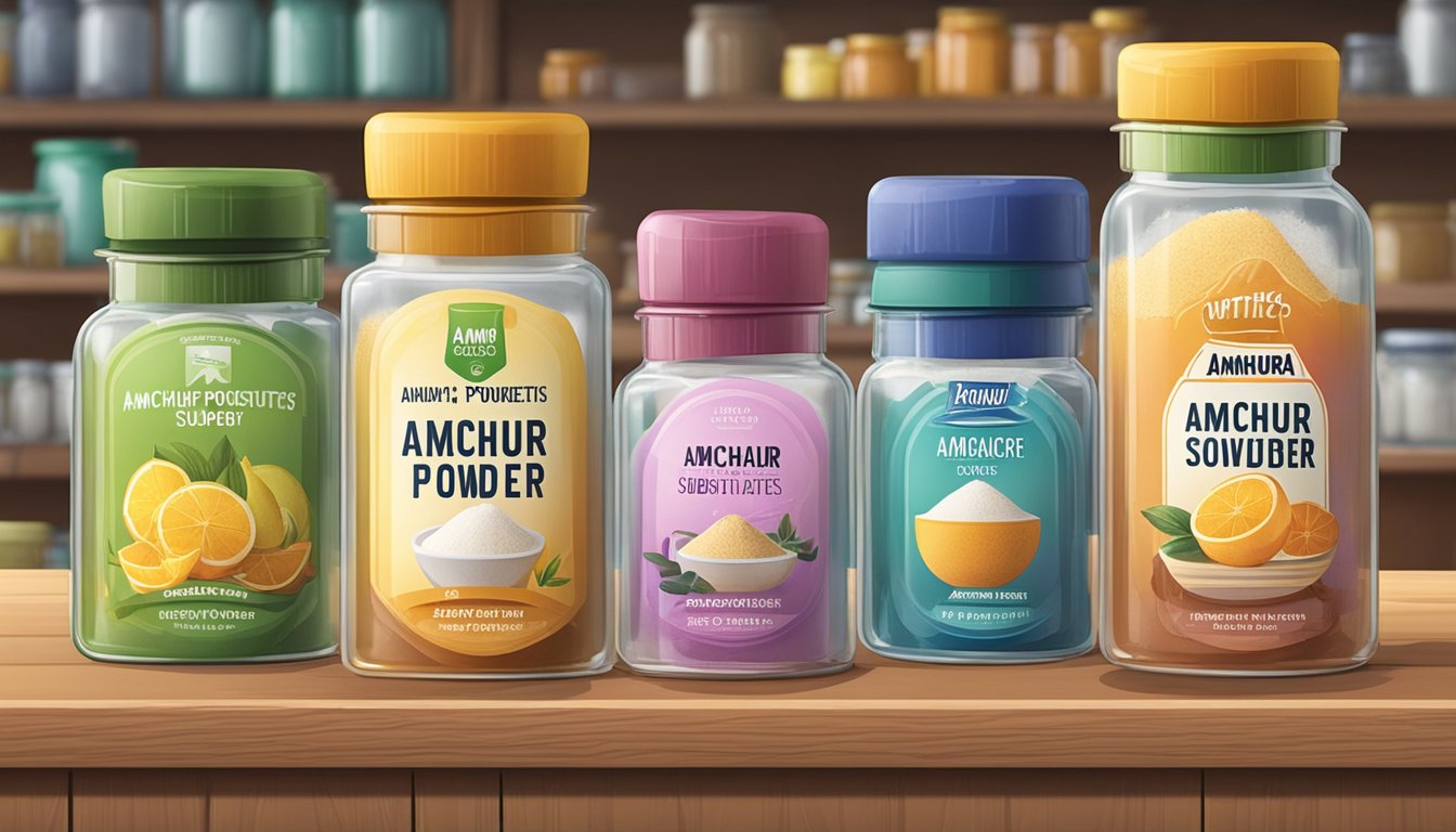 A variety of souring agents, including amchur powder substitutes, displayed in colorful jars and containers on a wooden tabletop