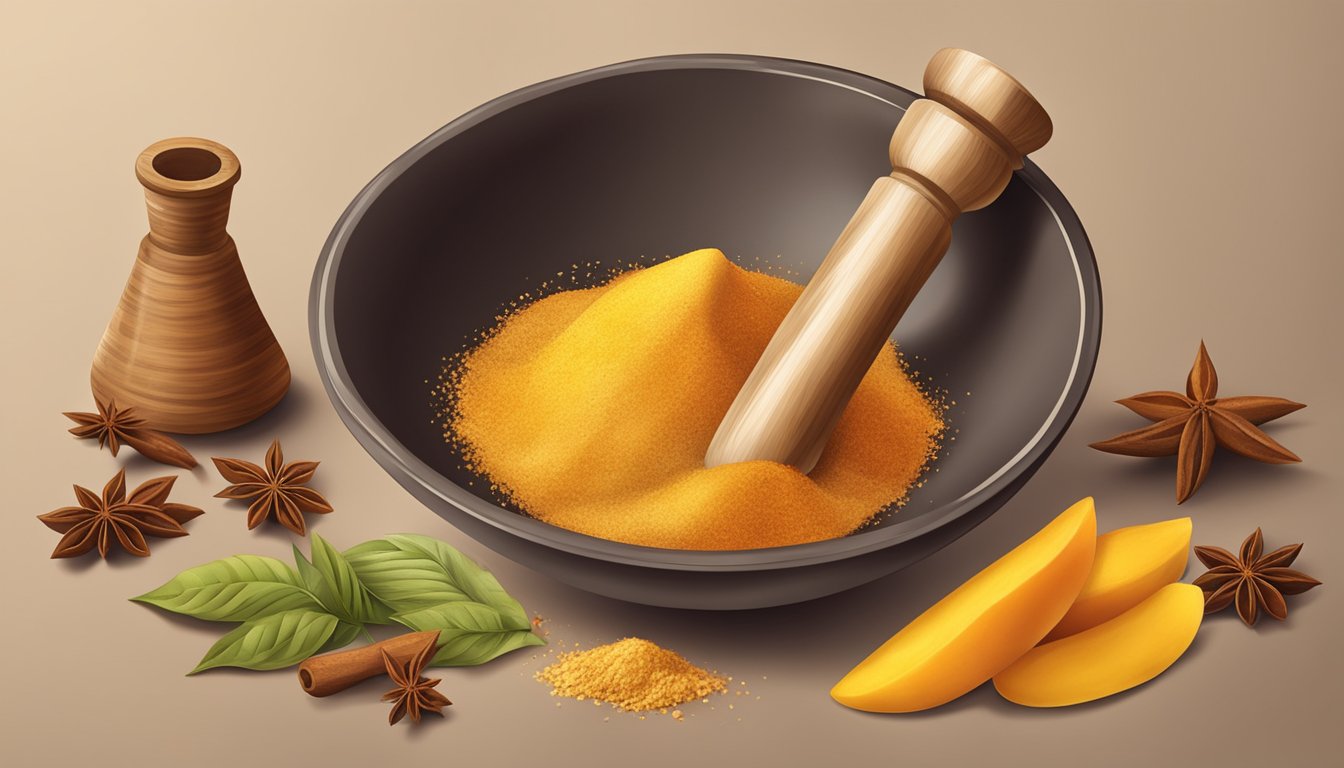 A mortar and pestle grinding dried mango slices and spices