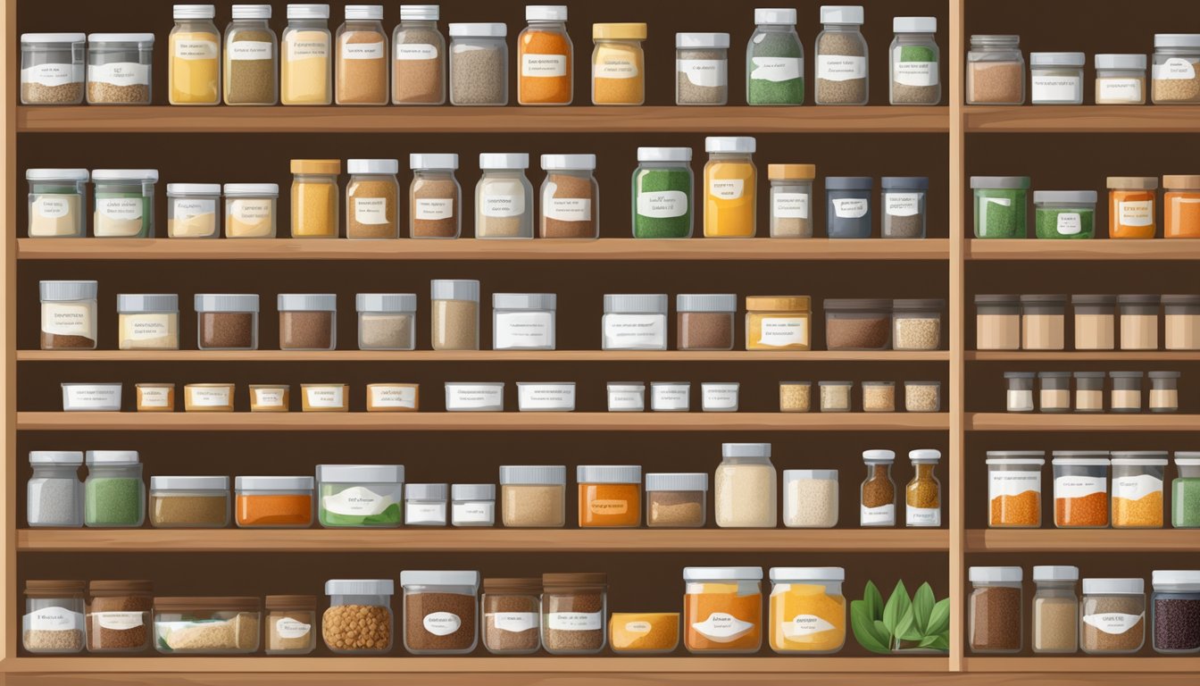 A pantry shelf with various spices and powders, including amchur powder substitutes, neatly labeled and organized for easy access and storage