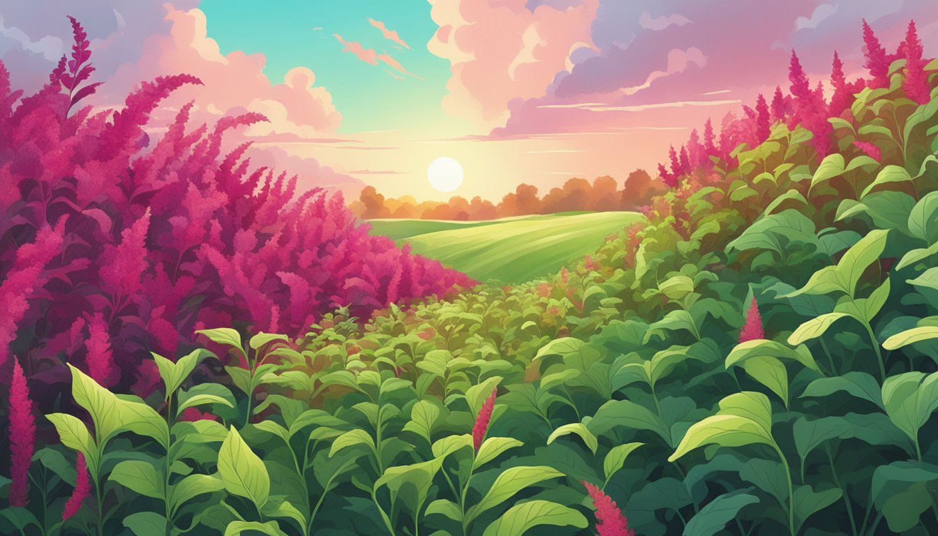 A lush field of amaranth greens swaying in the breeze, with vibrant red and green leaves reaching towards the sky