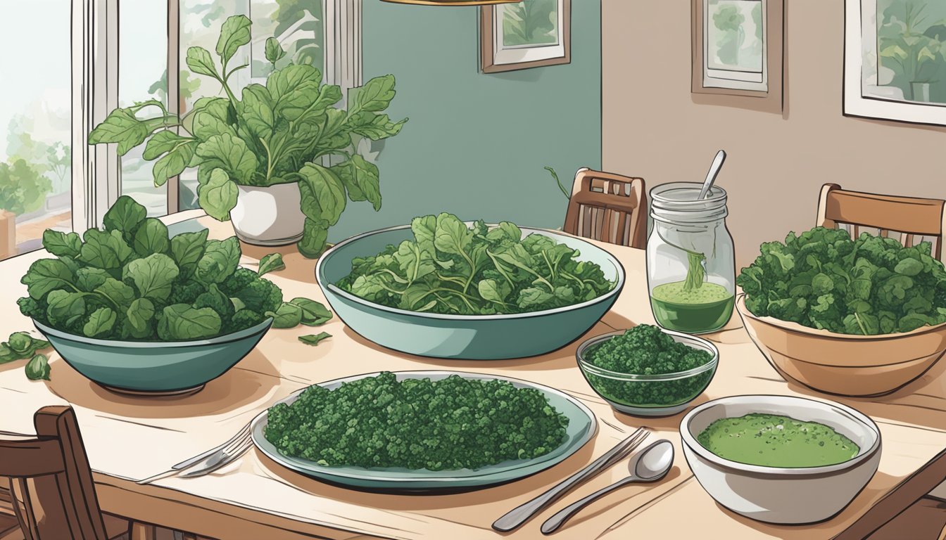 A bowl of amaranth greens being replaced with spinach and kale on a dining table