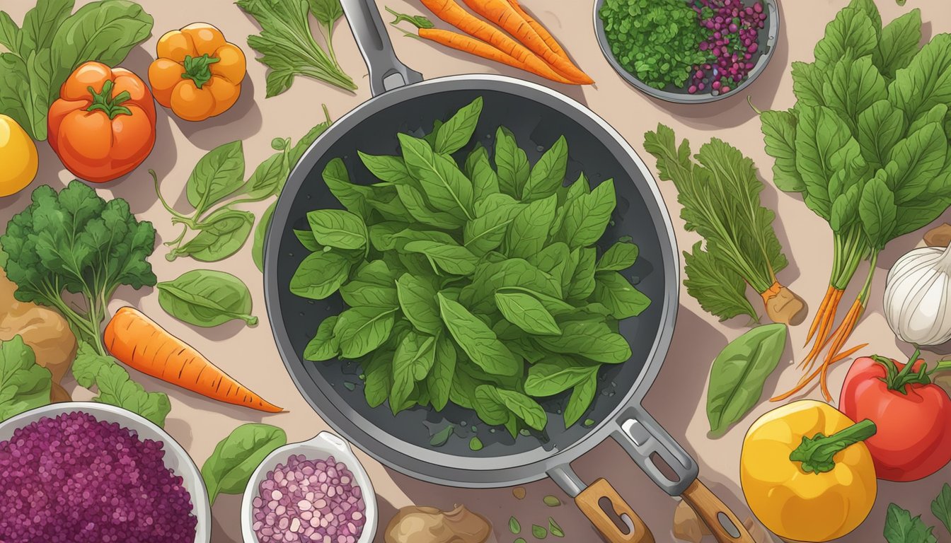 Amaranth leaves being sautéed in a pan with various substitute greens, surrounded by colorful vegetables and herbs