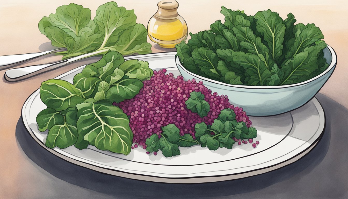 A bowl of amaranth greens sits next to a plate of cooked spinach, kale, and Swiss chard. The vibrant colors and textures create an inviting display