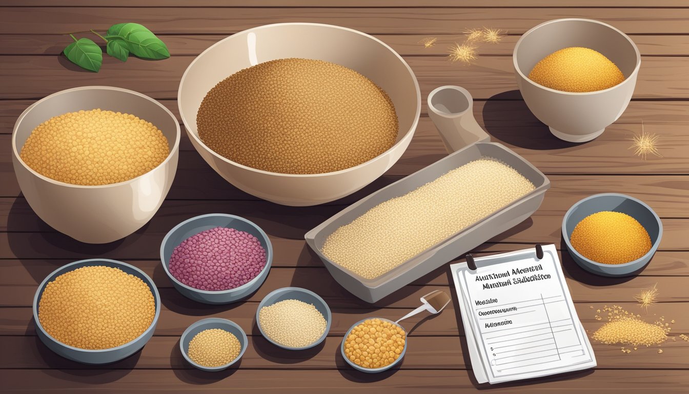 A bowl of amaranth and various substitute grains arranged on a wooden table, with a measuring scale and nutritional labels beside them