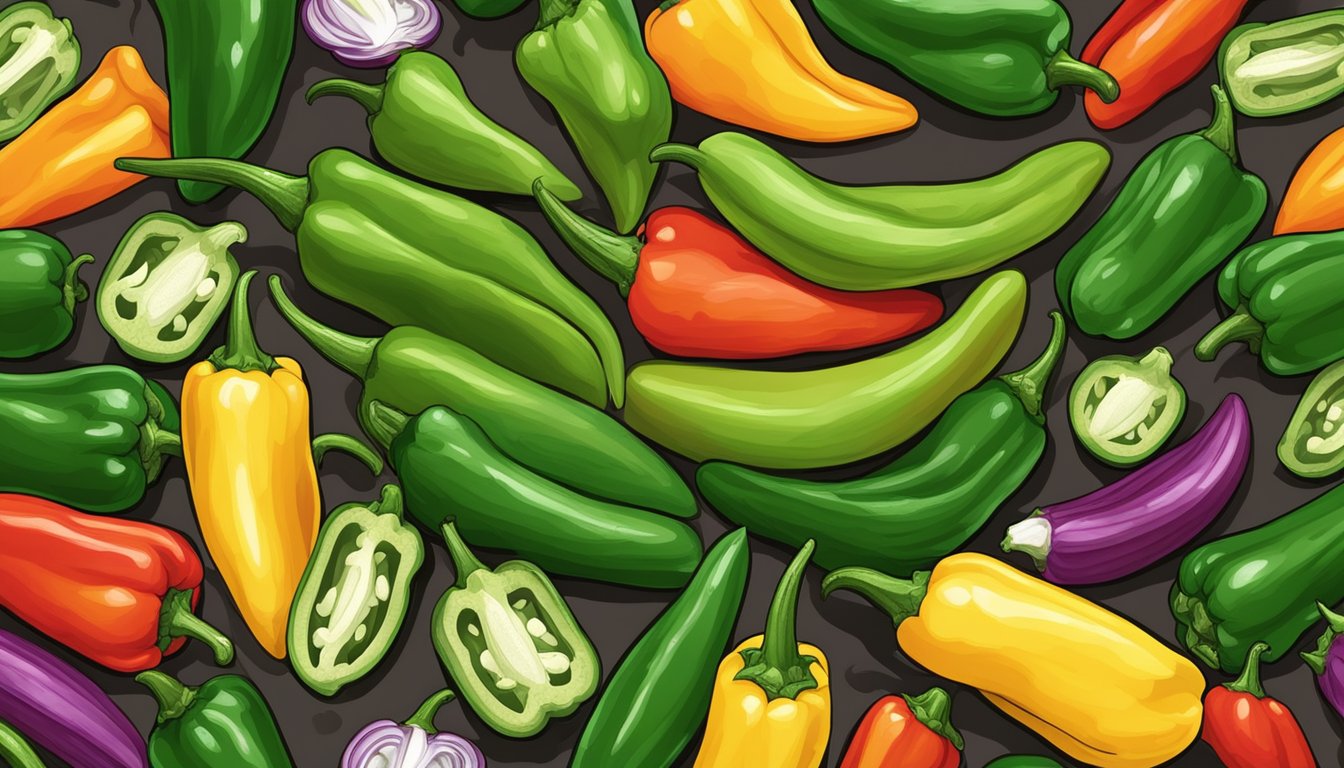 A pile of fresh Anaheim peppers surrounded by various substitute options such as poblano, bell peppers, and jalapeños