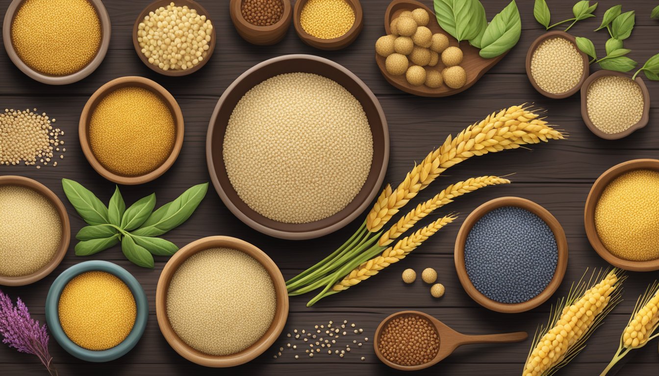 A bowl of amaranth substitutes, including quinoa, millet, and sorghum, arranged in a visually appealing pattern on a wooden table