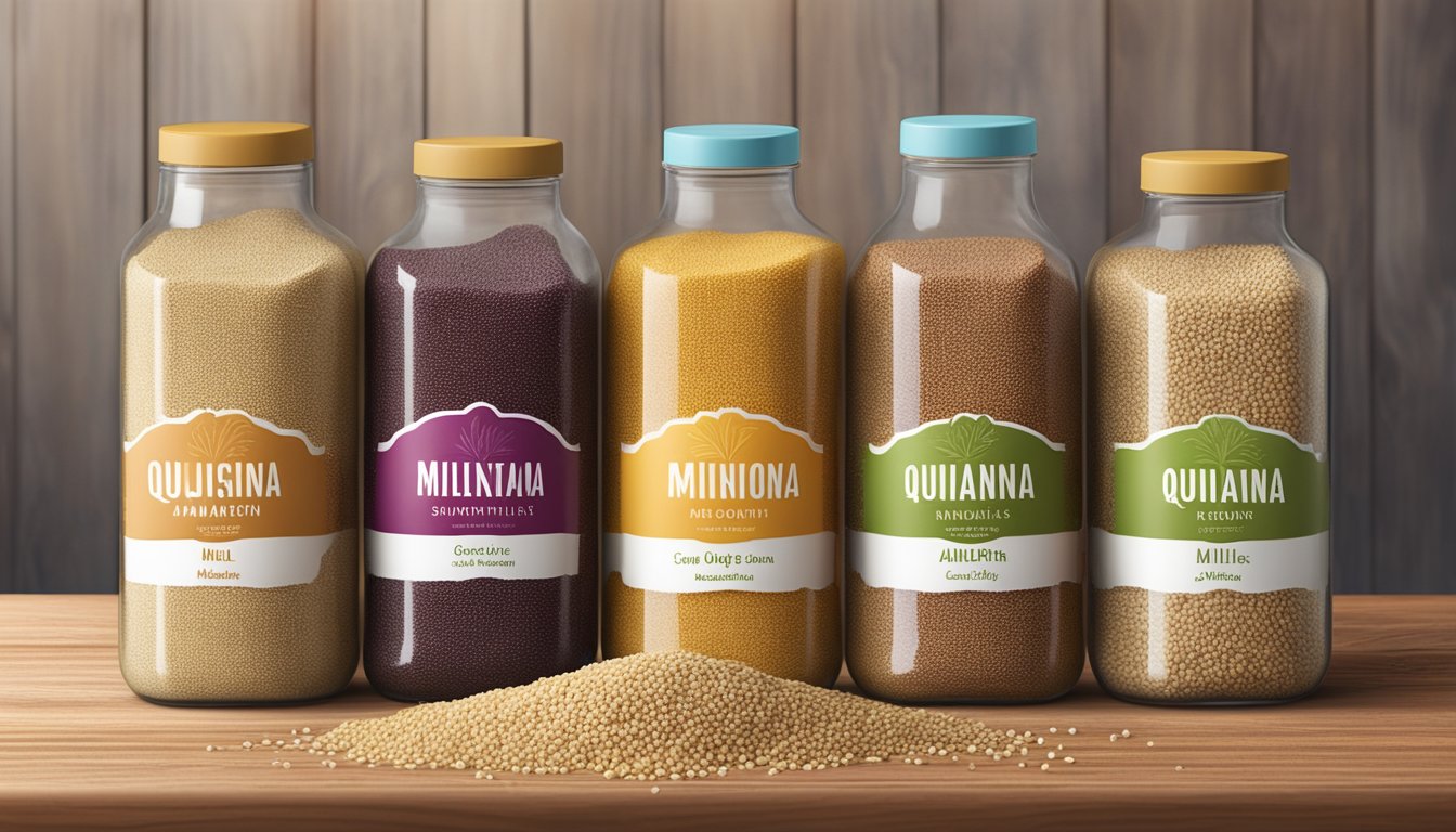 A variety of amaranth substitutes displayed on a wooden table at a local market, including quinoa, millet, and sorghum