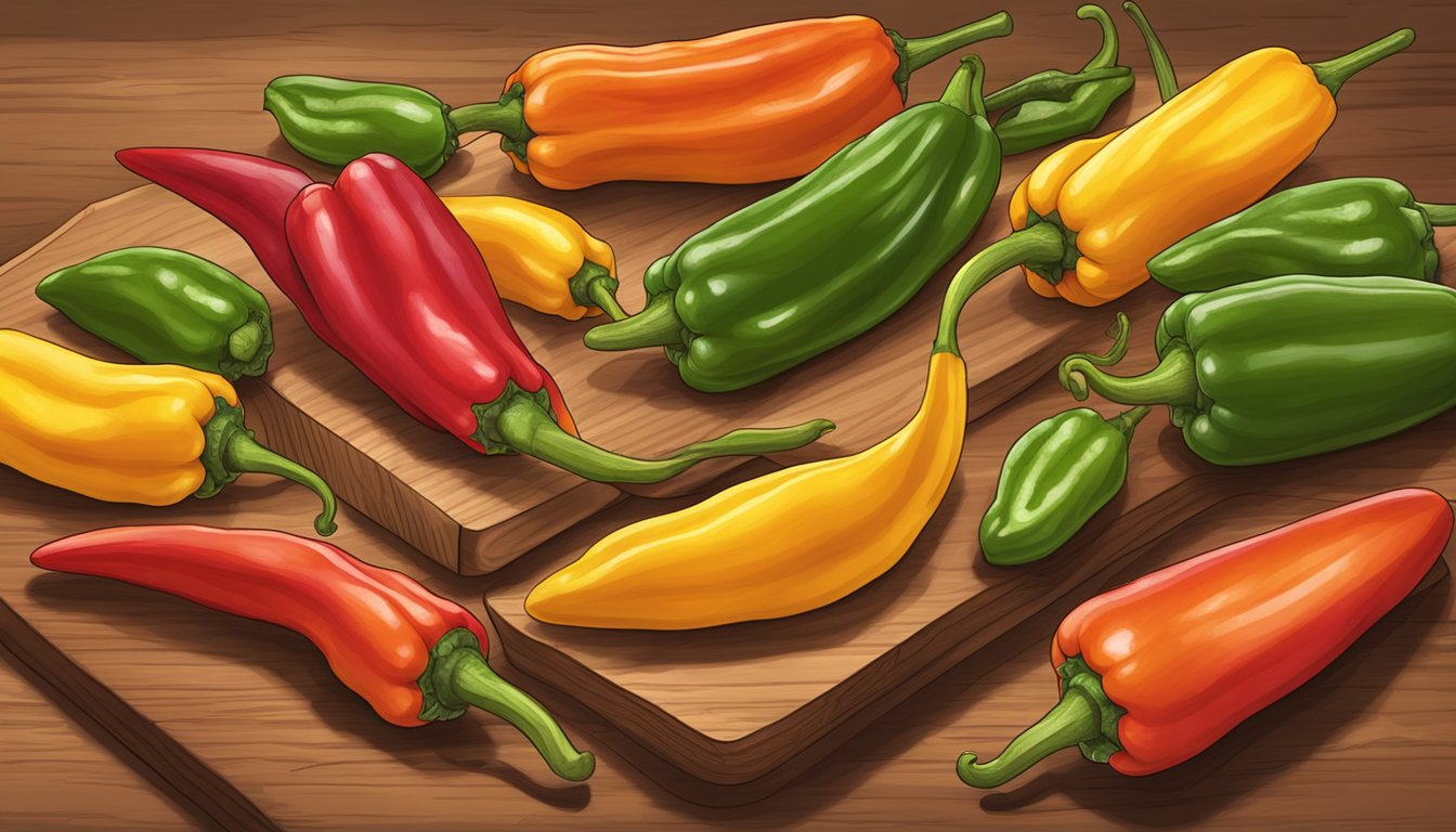 A variety of colorful specialty peppers, including anaheim pepper substitutes, arranged on a wooden cutting board