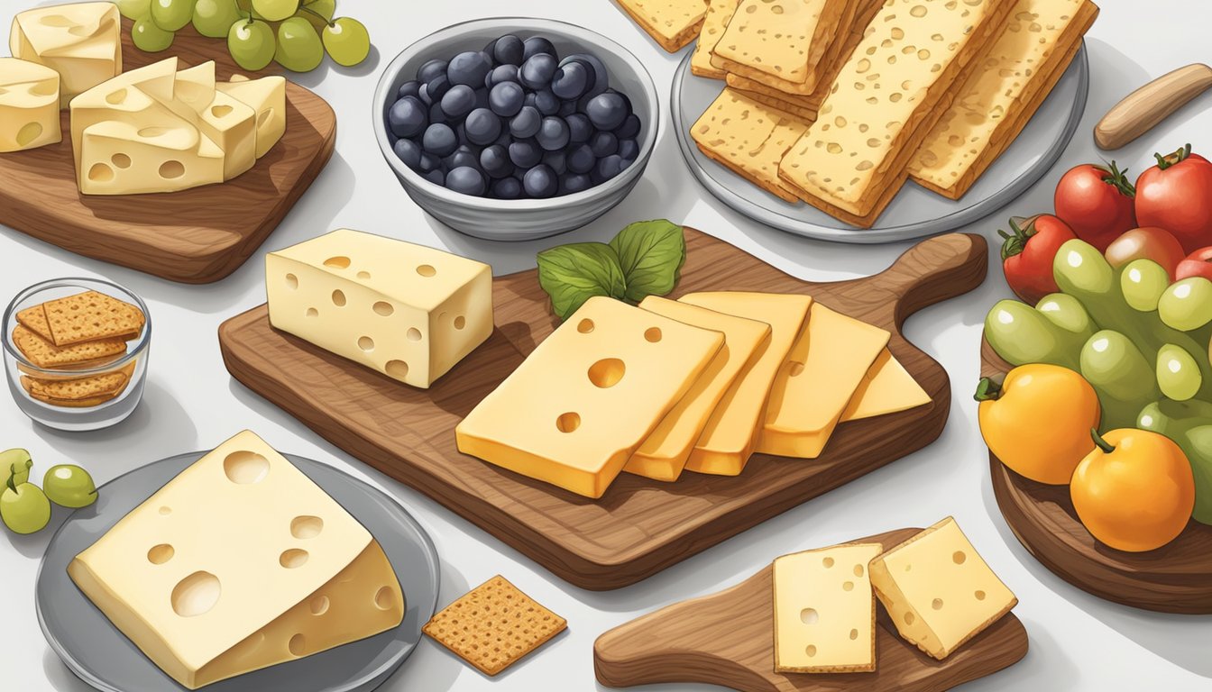 A table with various cheese alternatives: cheddar, Swiss, pepper jack, and brie, arranged with crackers and fruit for a cheese platter