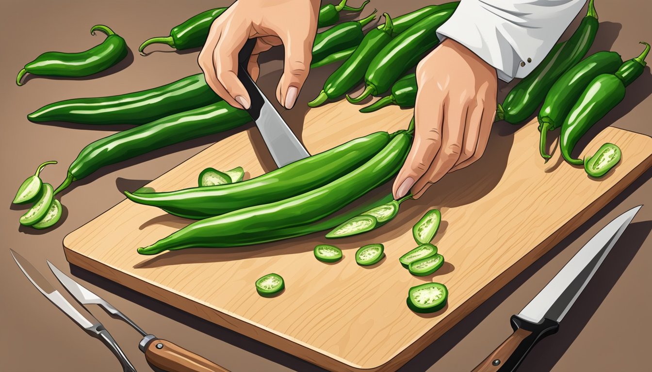 A chef slicing anaheim peppers with a sharp knife on a cutting board