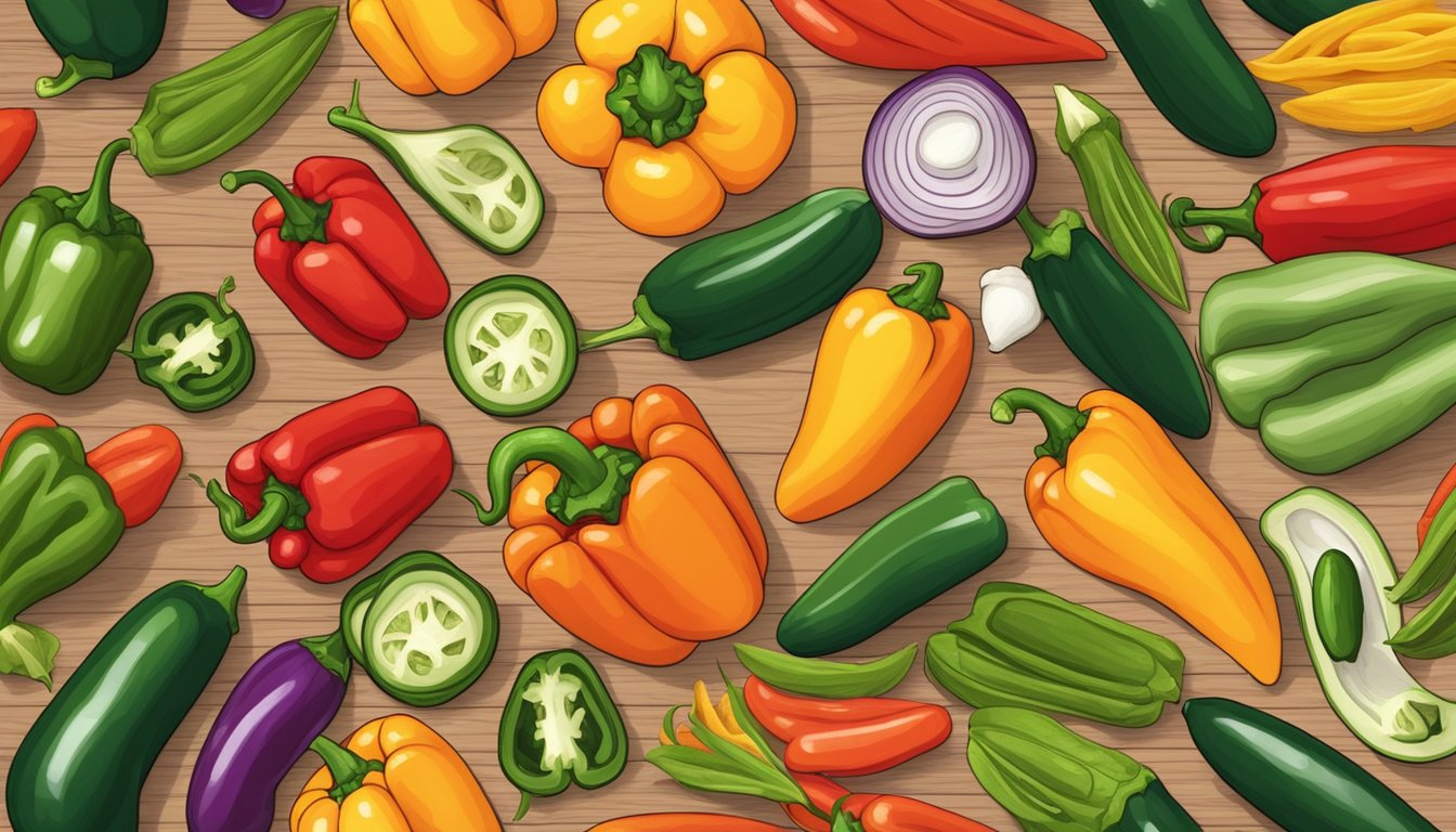 A colorful array of fresh vegetables, including bell peppers, poblano peppers, and jalapenos, arranged on a wooden cutting board