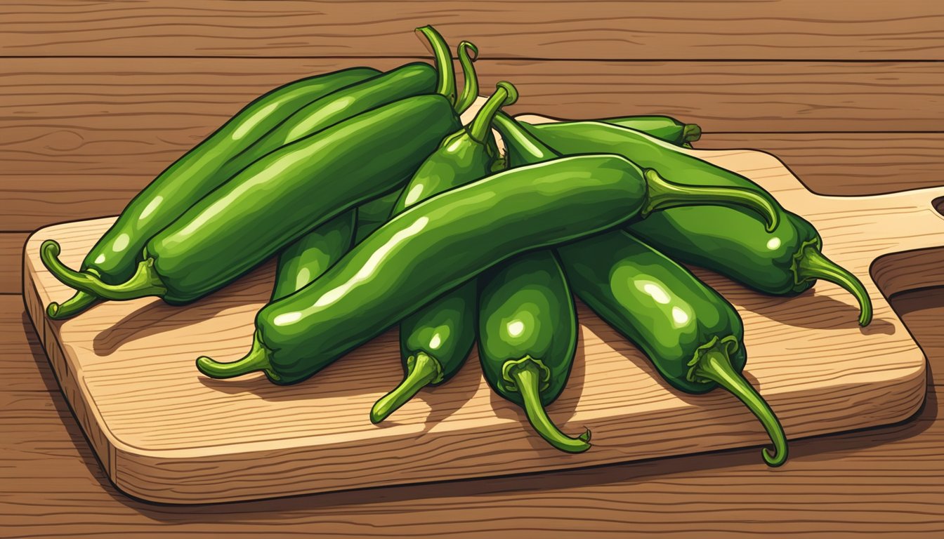 Fresh Anaheim peppers arranged on a wooden cutting board