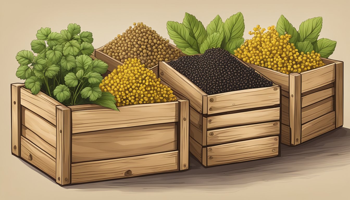 A variety of mustard seeds and plants, including yellow, brown, and black, displayed in a rustic wooden crate