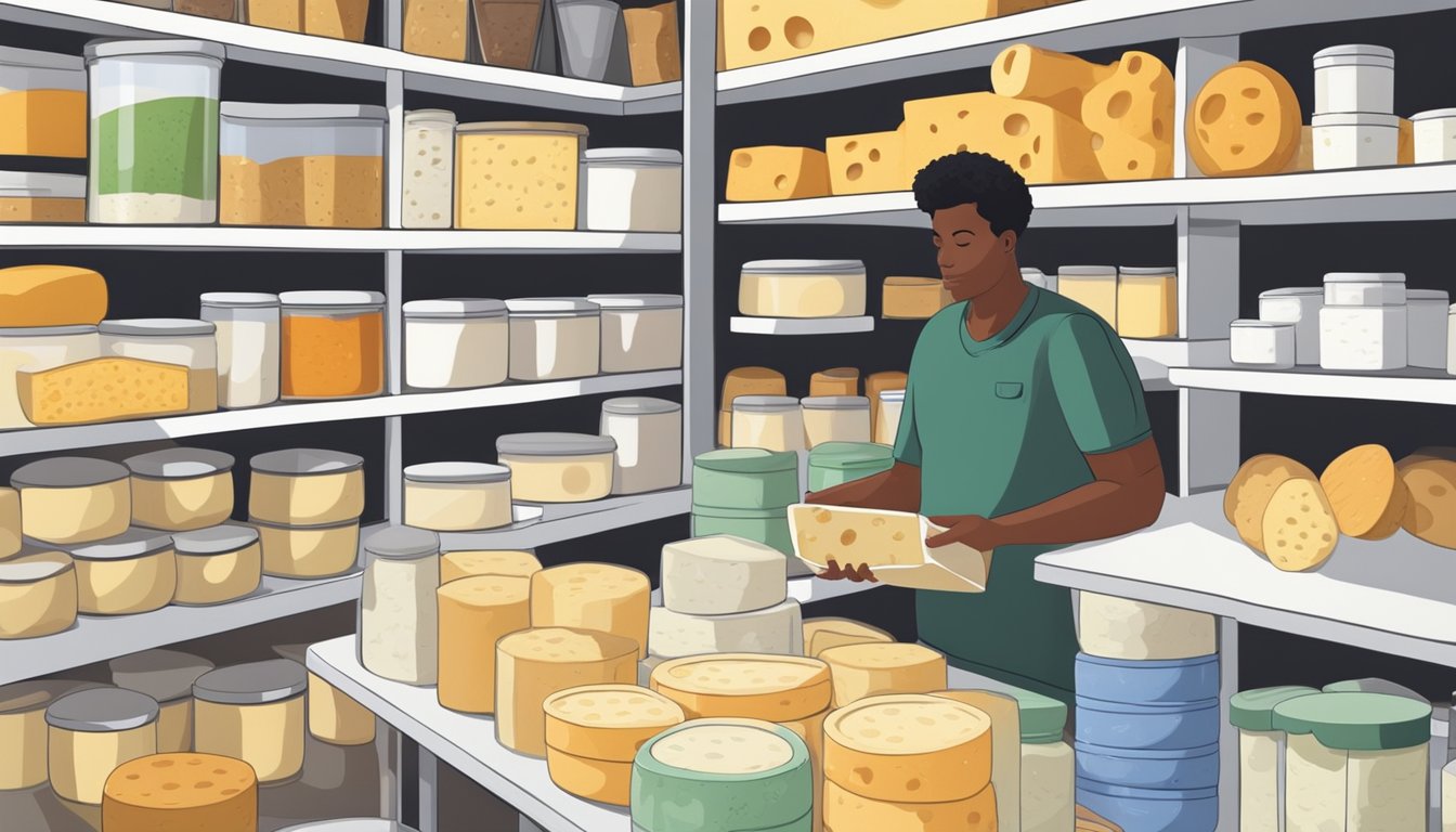 A person organizing various types of cheese substitutes in a neatly arranged pantry with labeled storage containers