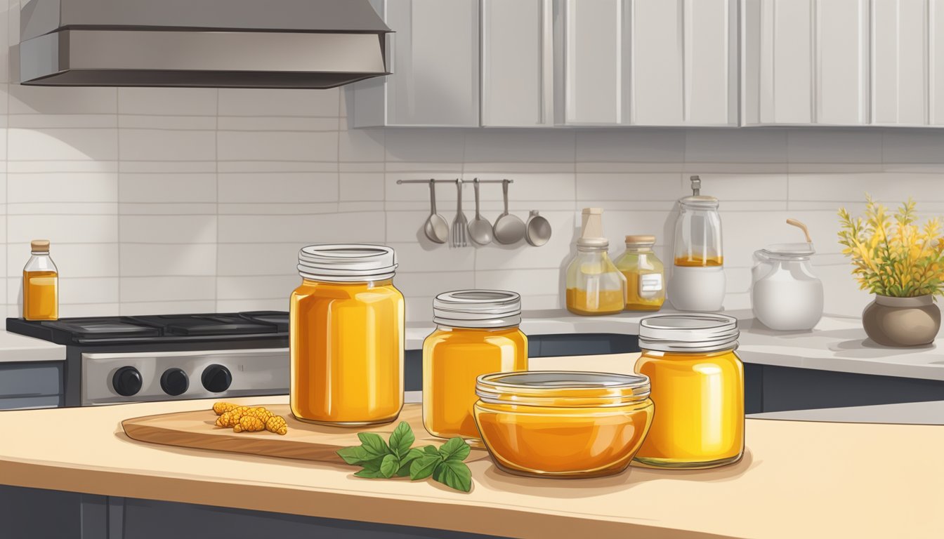 A jar of honey, a bowl of turmeric, and a bottle of hot sauce on a kitchen counter