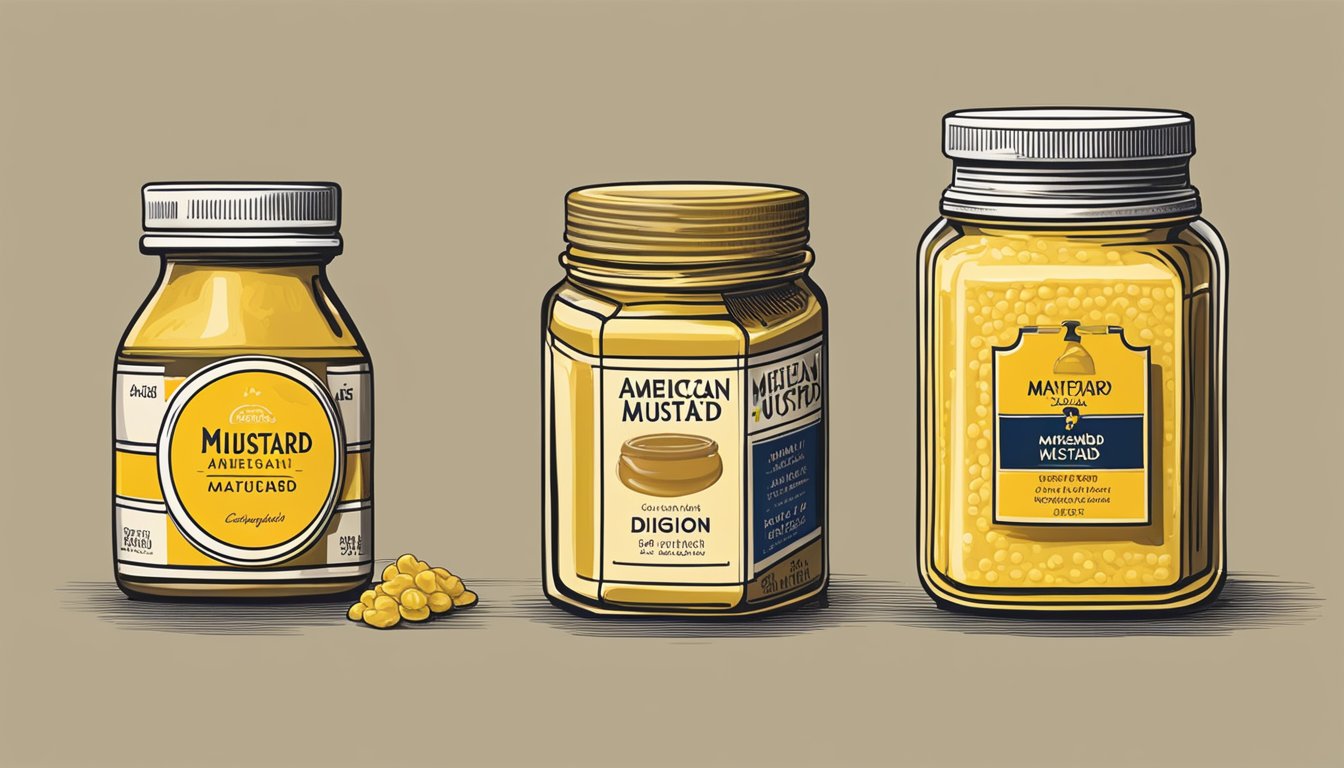 A jar of American mustard sits next to a selection of alternative condiments, such as honey mustard, Dijon mustard, and mayonnaise