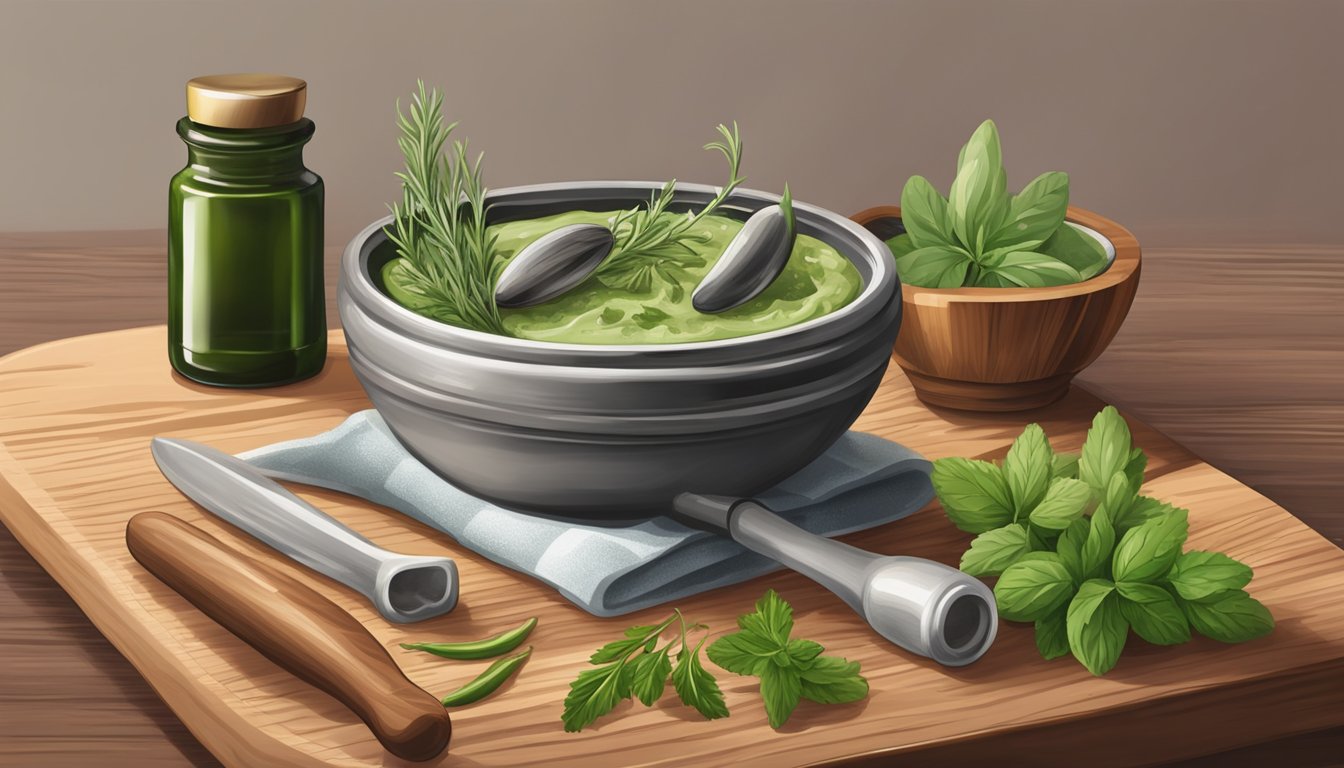 A small tube of anchovy paste surrounded by fresh herbs and a mortar and pestle on a wooden cutting board