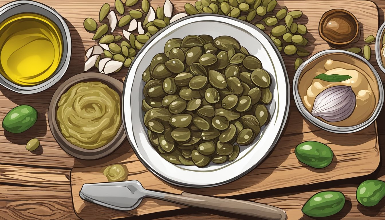 A small dish of anchovy paste sits on a wooden cutting board surrounded by various ingredients such as olives, capers, and garlic